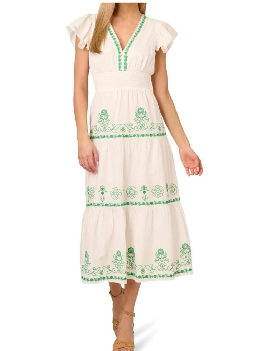 Adrianna Papell White Maxi Dress with Green Embroidery